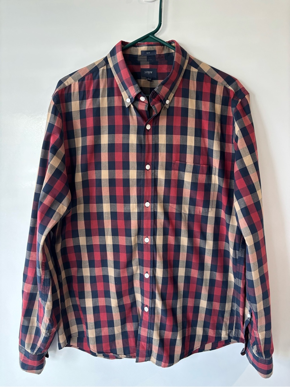 J. Crew Men's Red Navy and Tan Plaid Button-Down Shirt